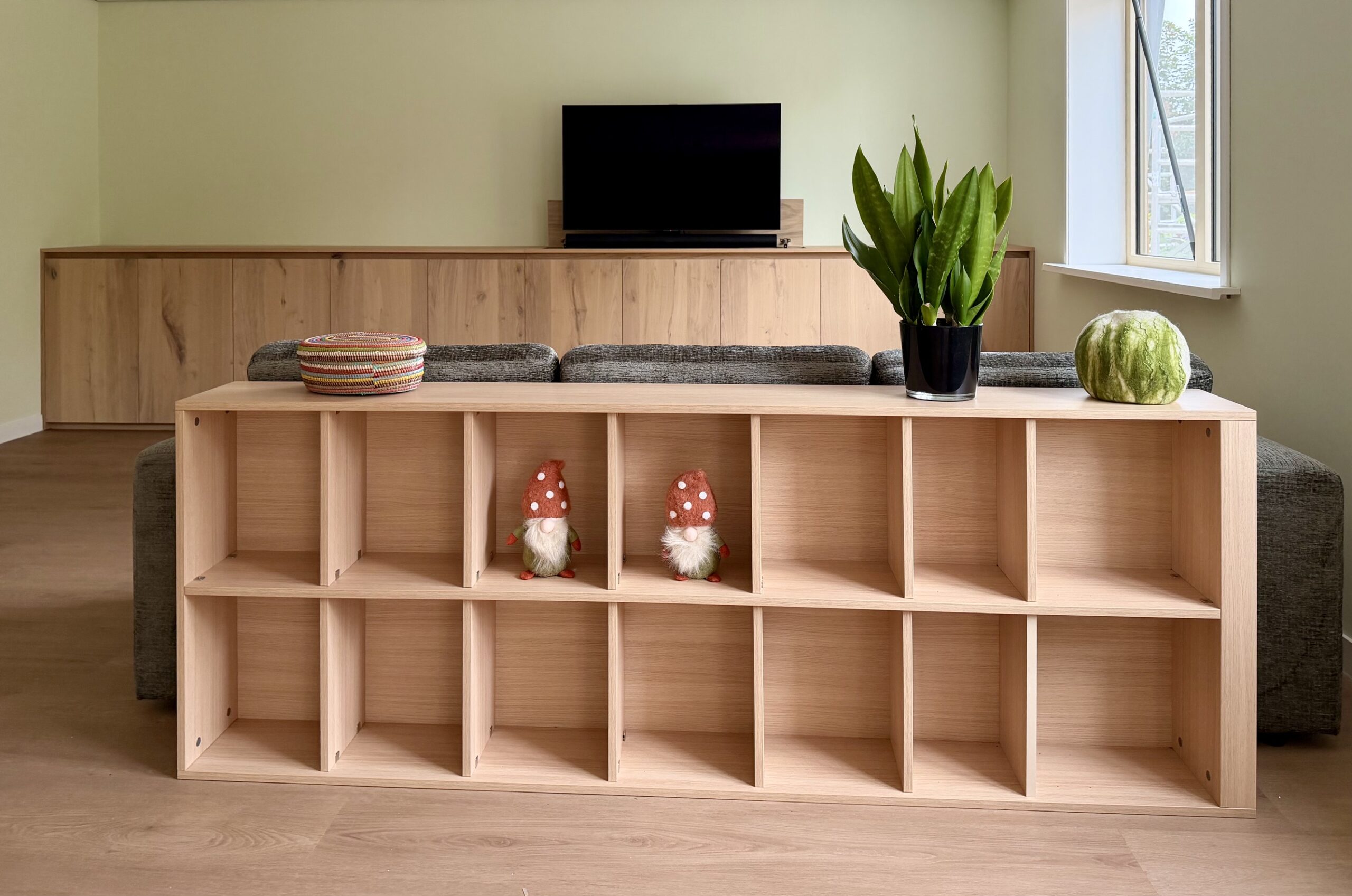 Woonkamer met kasten tv en bank.